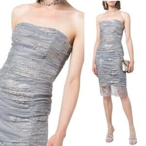 MARCHESA NOTTE Strapless Ruched Lace Overlay Silver Glitter Cocktail Dress